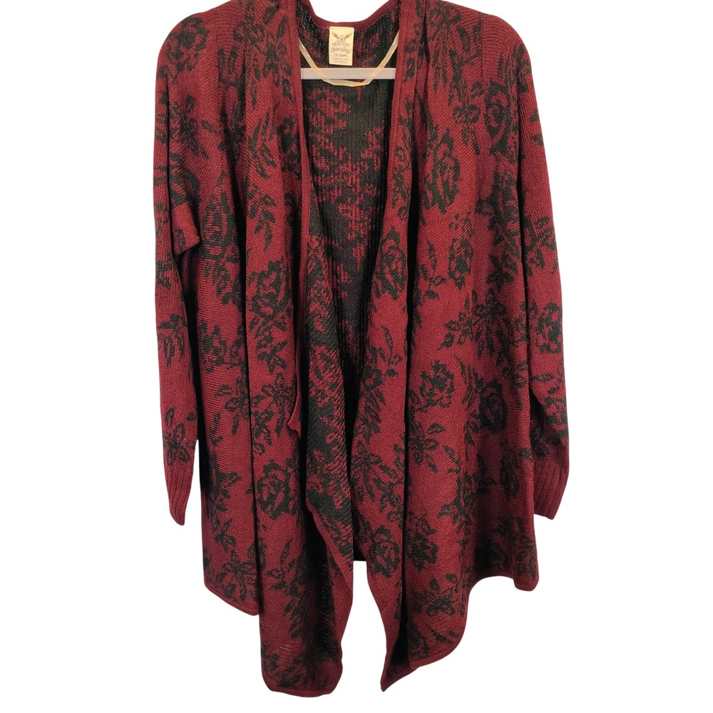 Womens 1X Faded Glory Floral Open Front Cardigan Burgundy Black Goth Whimsigoth